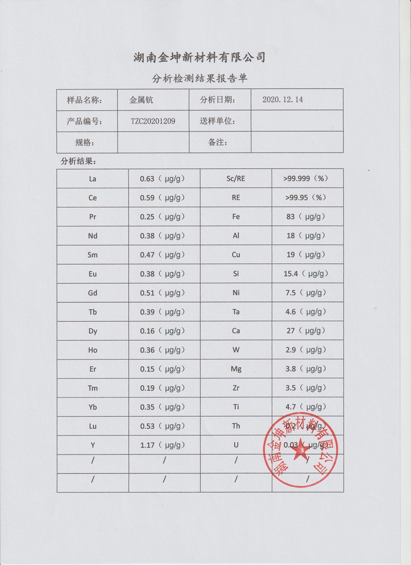 湖南金坤新材料有限公司,金屬鈧,金屬鈧粉,鋁鈧合金,金屬鈧靶,鋁鈧靶材,鋁基靶材,氧化鈧,各類鈧鹽,氟化鈧,貴金屬粉末低氧超細鈦粉,鋯粉,鉿粉,鈮粉,鉭粉